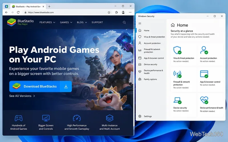Pagina di download ufficiale di BlueStacks mostrata accanto alla dashboard di Sicurezza di Windows.