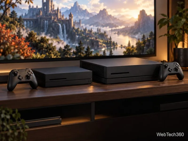 Two generations of a similar black game console sit side by side beneath a fantasy game on a television