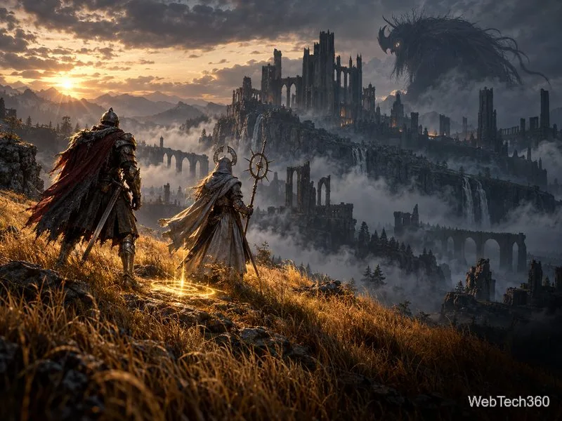 Two armored adventurers stand beside a glowing golden summon mark in a misty fantasy landscape