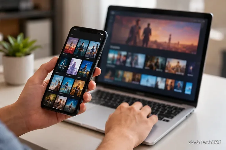 شخص يقارن اختيارات الأفلام على هاتف ذكي وحاسوب محمول على مكتب