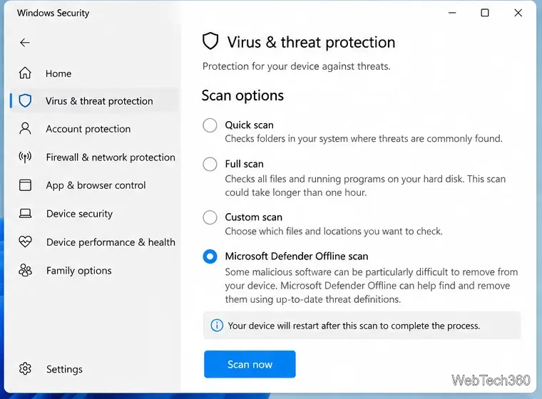 Microsoft Defenderオフラインスキャンを選択したWindowsセキュリティスキャンオプション画面