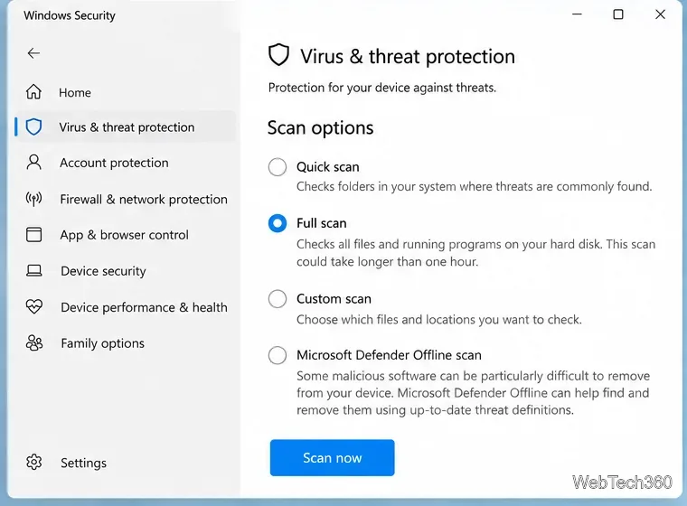 「フルスキャン」を選択したWindowsセキュリティスキャンオプション画面