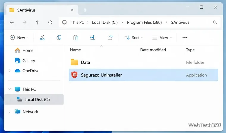 ファイルエクスプローラーでSAntivirusフォルダーを開き、Segurazo Uninstallerを選択します。