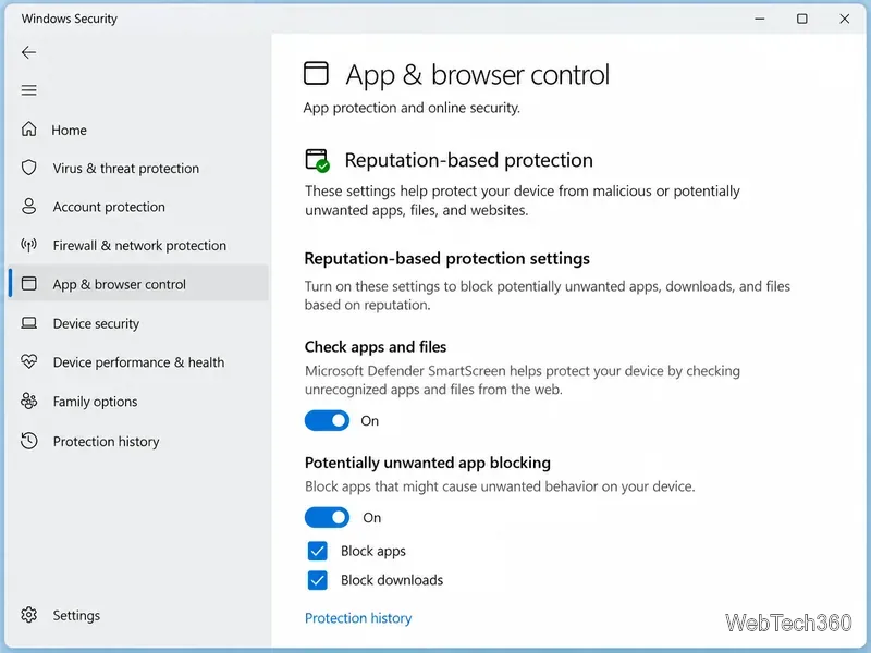 評判ベースの保護と潜在的に不要なアプリのブロックが有効になっているWindowsセキュリティアプリとブラウザーの制御画面