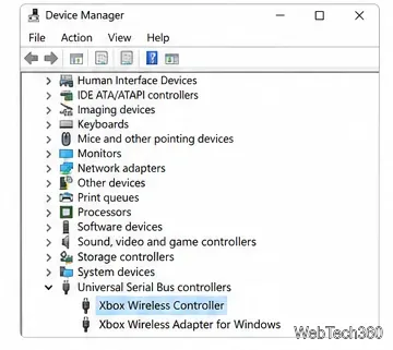 Диспетчер устройств Windows 10 отображает категории оборудования, связанные с игровыми контроллерами, и записи, относящиеся к контроллерам Xbox.