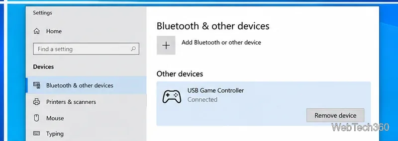 На странице «Bluetooth и другие устройства» в Windows 10 отображается подключенный игровой контроллер и кнопка «Удалить устройство».