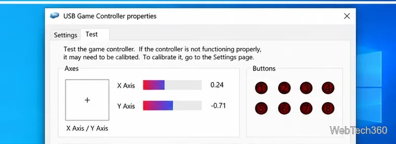 Вкладка «Тест» игрового контроллера Windows отображает оси X и Y джойстика и индикаторы кнопок.
