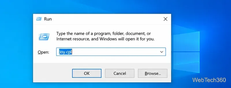 Диалоговое окно «Выполнить» в Windows 10, в поле «Открыть» вставлен файл joy.cpl.