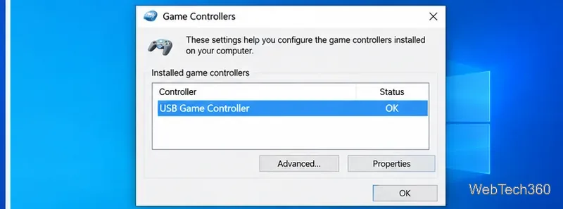Диалоговое окно «Игровые контроллеры Windows» отображает USB-игровой контроллер со статусом «ОК».