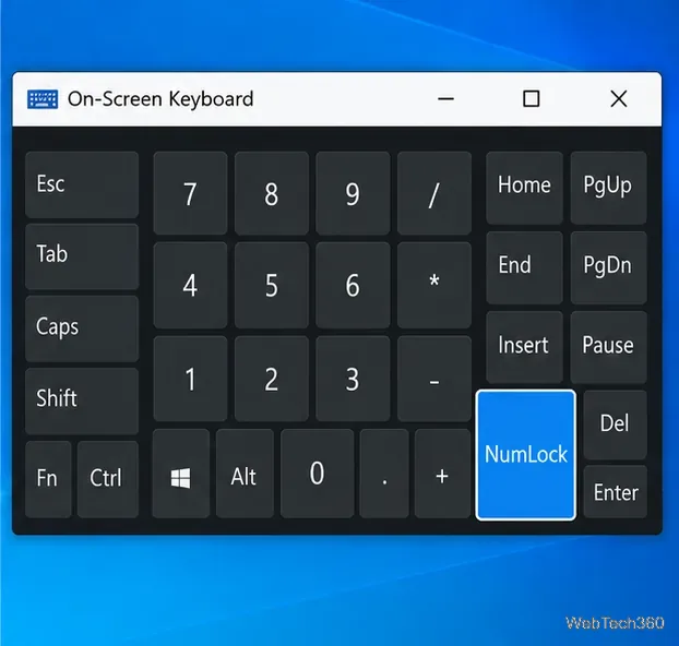 Экранная клавиатура Windows 10 с видимой цифровой клавиатурой и выделенной клавишей NumLock.