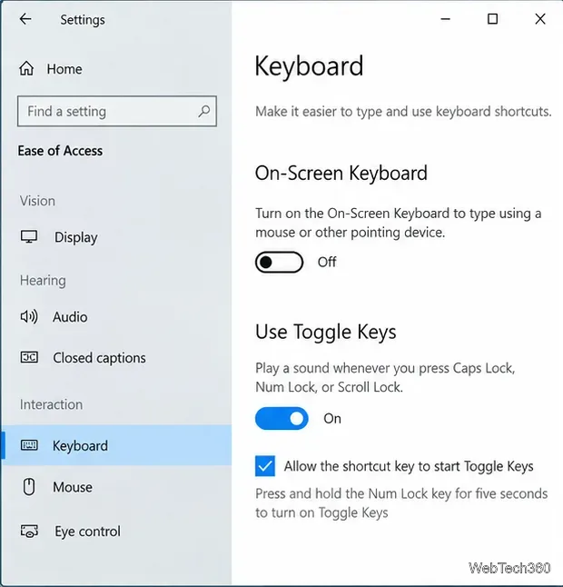 В настройках клавиатуры Windows 10 в разделе «Специальные возможности» отображаются элементы управления «Экранная клавиатура» и «Клавиши переключения».