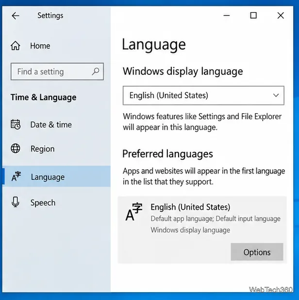 В настройках языка Windows 10 выбран английский язык (США), и кнопка «Параметры» видна.