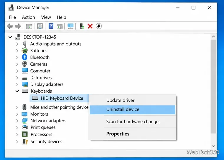В диспетчере устройств Windows выбрано устройство HID-клавиатуры, и выделена опция «Удалить устройство».