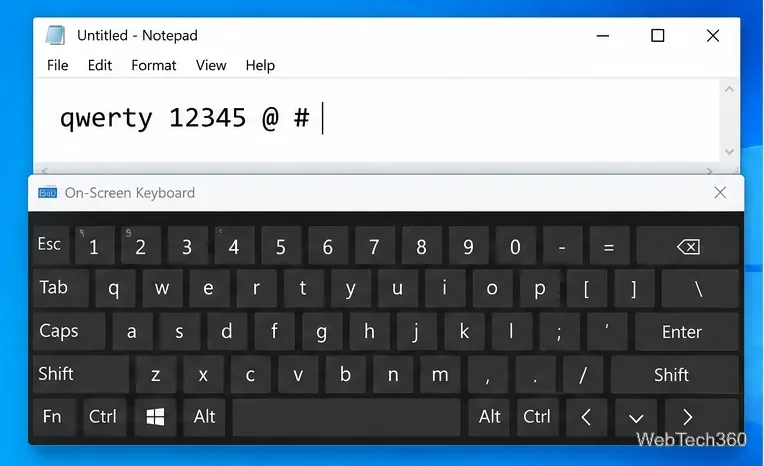 Тест на скорость печати в Блокноте Windows, расположенный над экранной клавиатурой Windows.