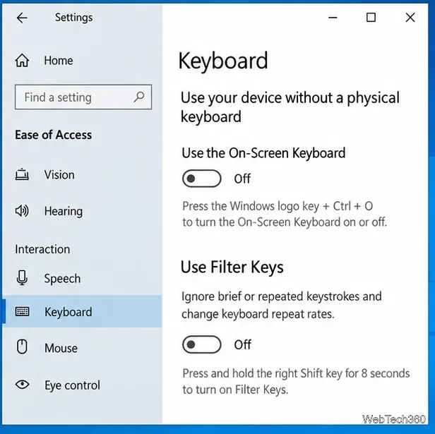 Специальные возможности Windows 10: Настройки клавиатуры с экранной клавиатурой и фильтром клавиш.