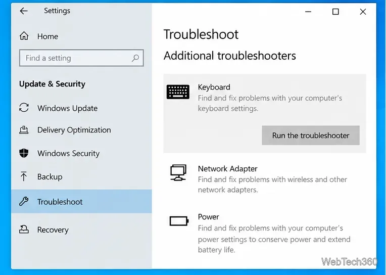 Страница дополнительных средств устранения неполадок Windows 10 с инструментом устранения неполадок клавиатуры и кнопкой «Запустить средство устранения неполадок».