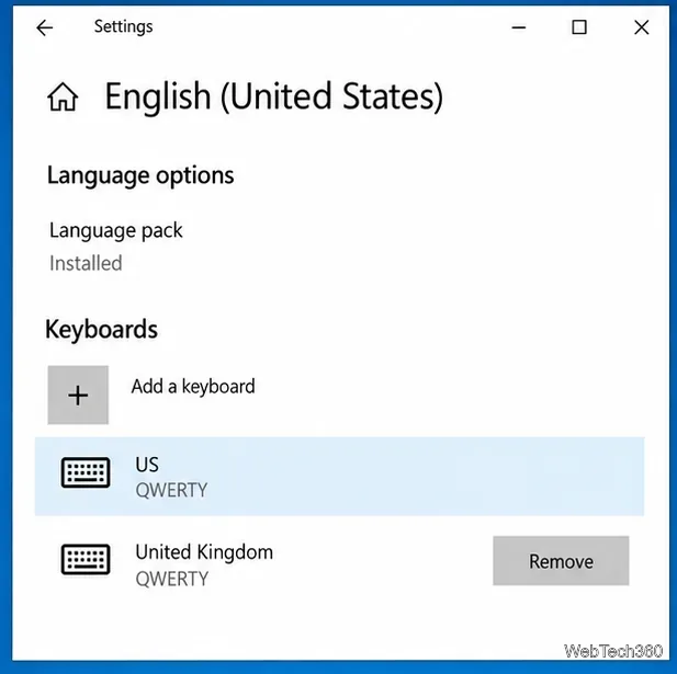 В параметрах языка Windows 10 отображаются клавиатуры США и Великобритании с кнопкой «Удалить».
