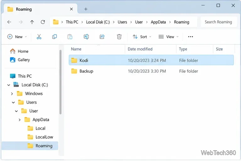 Windowsファイルエクスプローラーの図解で、AppData Roamingフォルダ内のKodiデータフォルダと、別のバックアップフォルダを示しています。