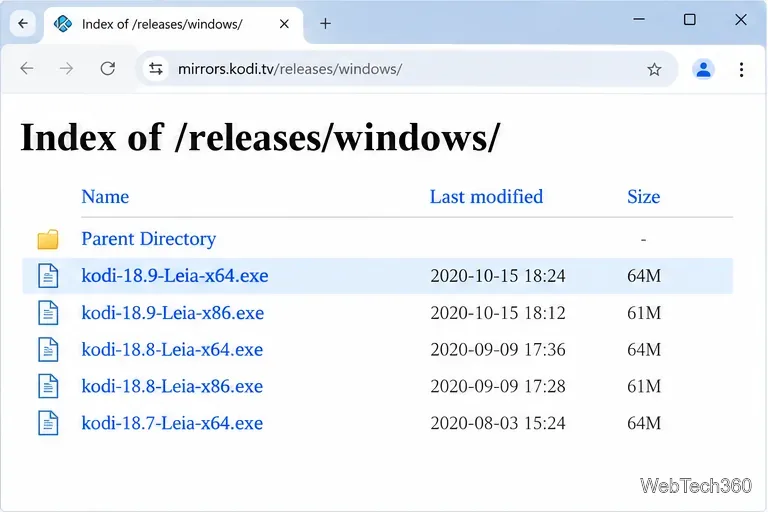 古いWindowsパッケージの中にKodi 18.9 Leiaインストーラー名がハイライト表示された、例示的なアーカイブディレクトリ。
