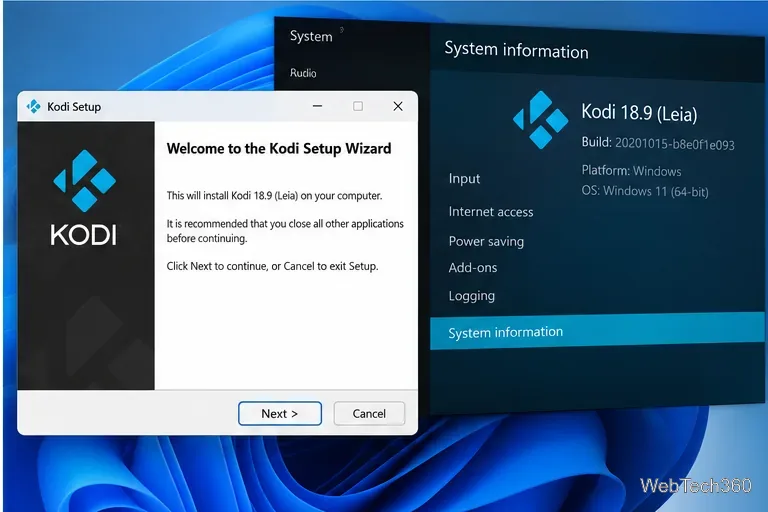KodiセットアップウィザードとKodiシステム情報画面には、バージョン18.9 Leiaと表示されている。