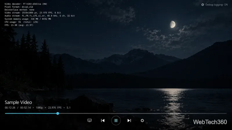 Kodi 視訊播放螢幕,帶有調試疊加層,顯示解碼器、解析度和系統使用情況等詳細資訊。