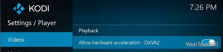Kodi Playerの設定で、Windows再生用のハードウェアアクセラレーションオプションが表示されている。