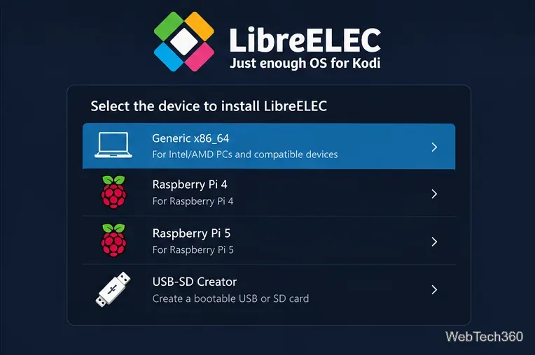 LibreELECのインストールインターフェースに、汎用コンピュータとRaspberry Piデバイスのオプションが表示されます。