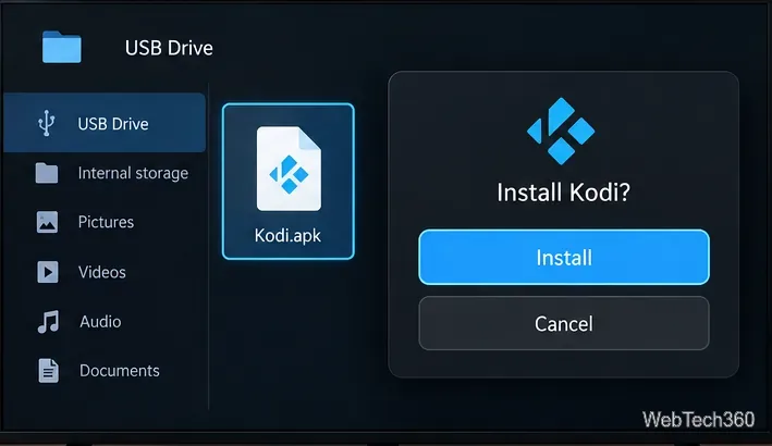 Файловый менеджер Android TV выбрал файл Kodi.apk и отобразил подтверждение установки Kodi.