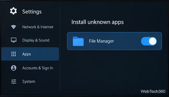 В настройках Android TV для файлового менеджера включено разрешение на установку неизвестных приложений.