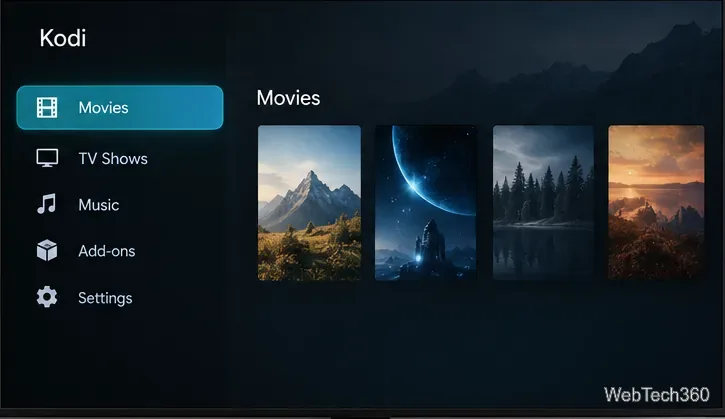 На главном экране Kodi отображаются фильмы, телешоу, музыка, дополнения и настройки в удобном для пульта дистанционного управления меню.
