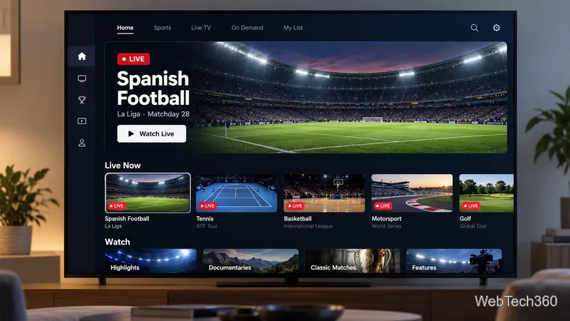 テレビ画面には、スペインのサッカーのライブ試合のタイルとその他のスポーツカテゴリーが表示された、一般的なスポーツストリーミングアプリが表示されている。