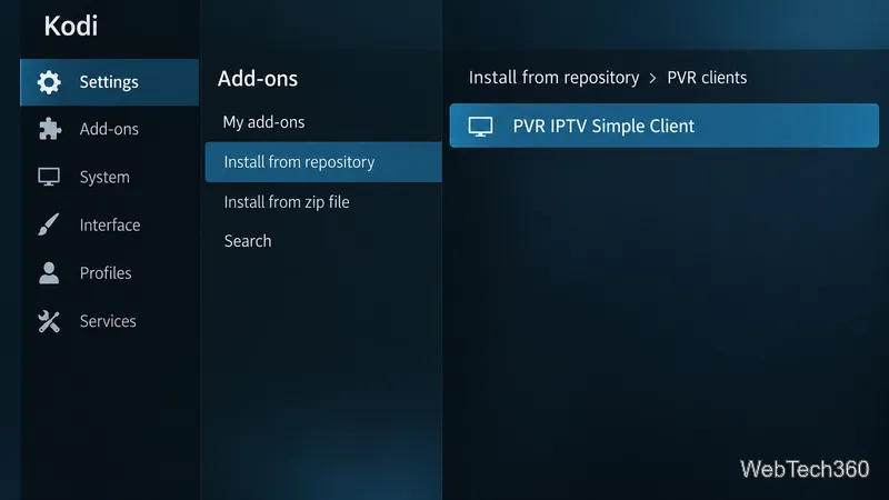 Kodiのアドオン画面には、「リポジトリからインストール」が表示され、次に「PVRクライアント」が表示され、「PVR IPTV Simple Client」が選択されています。