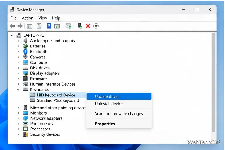 В диспетчере устройств Windows выбрано устройство «HID-клавиатура», отображаются параметры «Обновить драйвер» и «Удалить устройство».