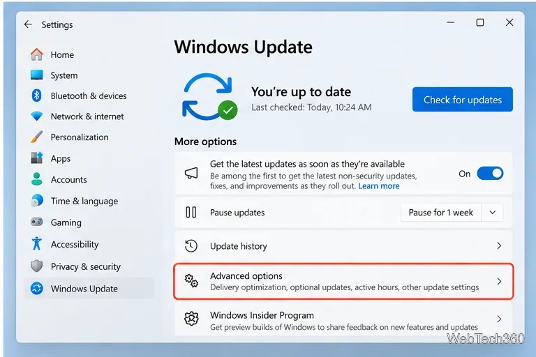 Страница Центра обновления Windows 11 с видимыми параметрами «Проверить наличие обновлений» и «Дополнительные параметры».