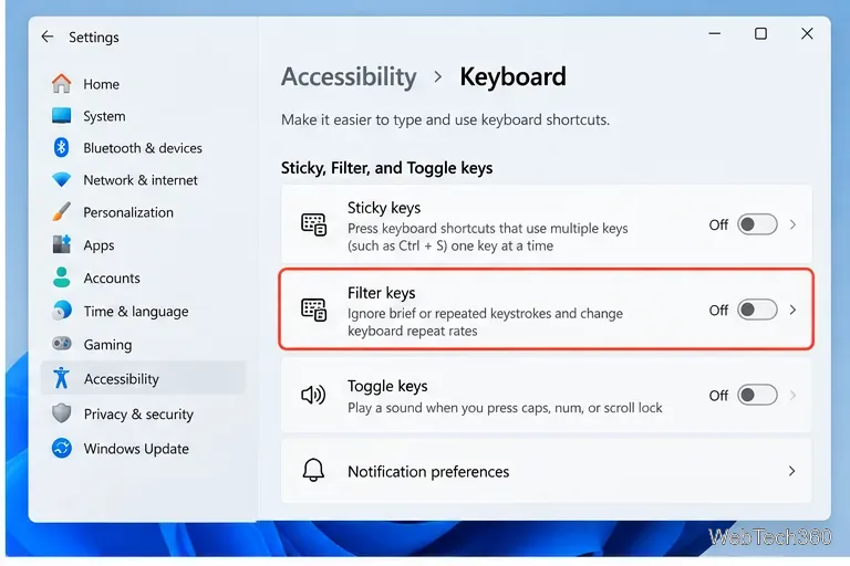 На странице «Клавиатура» в Windows 11 отображается отключенная функция фильтрации клавиш.