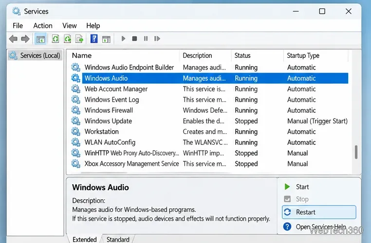 Консоль служб Windows с выбранным параметром Windows Audio и видимой командой «Перезапустить».