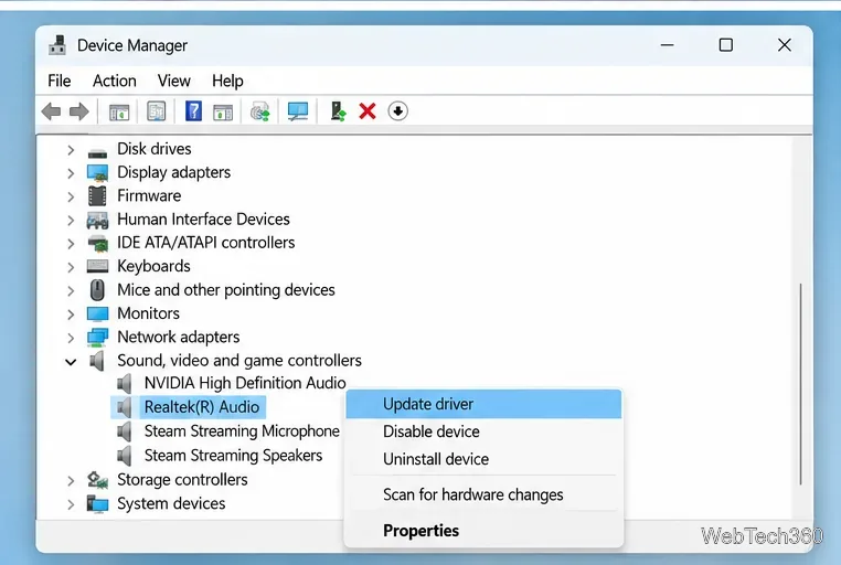 В диспетчере устройств Windows выбрано аудиоустройство для обновления драйвера.