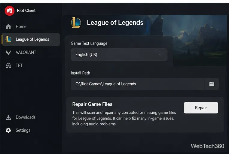 В настройках клиента Riot отображается опция восстановления игровых файлов League of Legends.