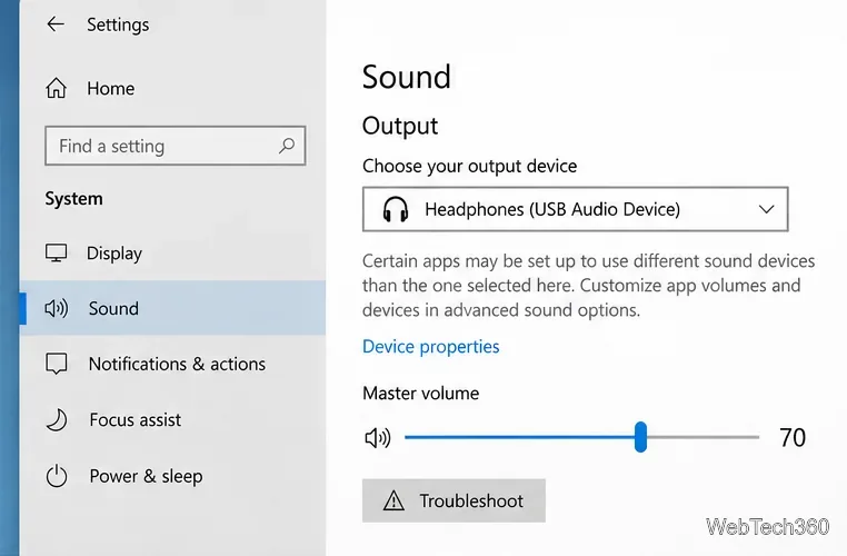Настройки звука Windows с выбранной в качестве устройства вывода USB-гарнитуры