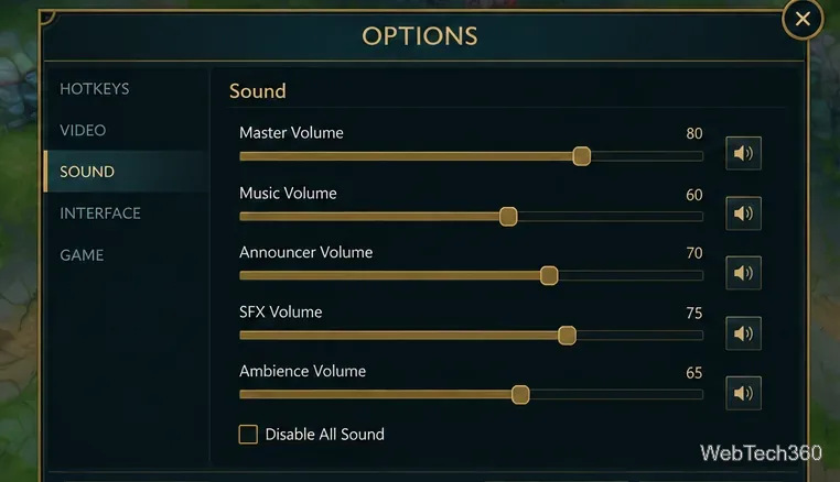 Настройки звука в League of Legends с ползунками громкости выше нуля и снятой галочкой «Отключить весь звук».