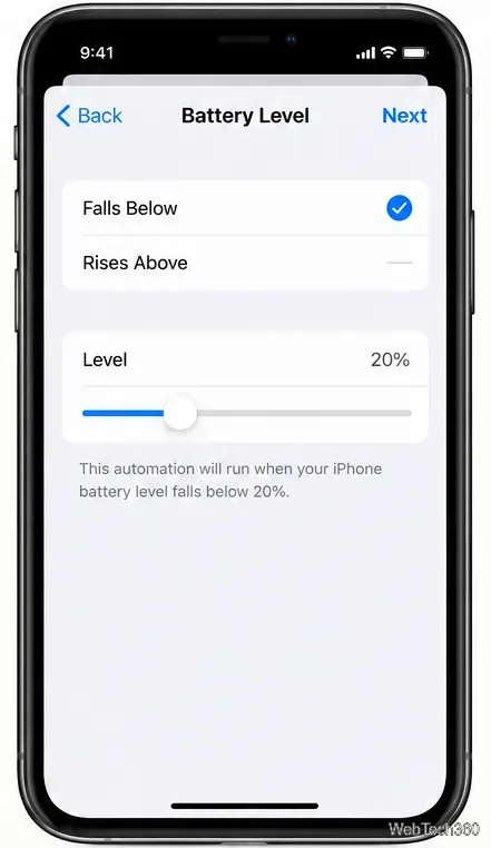 iPhoneのバッテリー自動化トリガーで、「バッテリー残量が20%を下回る」を選択し、バッテリー残量を20%に設定する。
