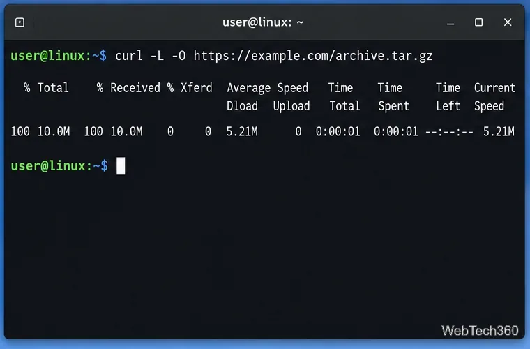 Linux terminal running curl -L -O to save archive.tar.gz from a URL