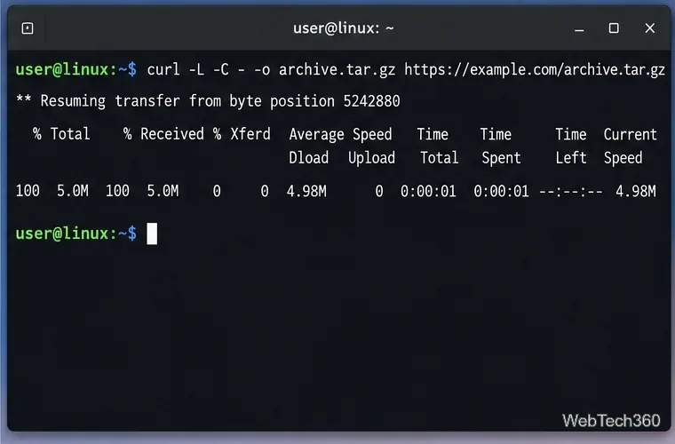 Linux terminal resuming a partial download with curl -L -C - and -o