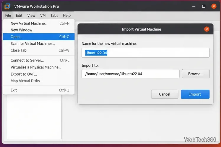 VMware Workstation Pro Import Virtual Machine dialog on Linux with fields for the VM name and import location