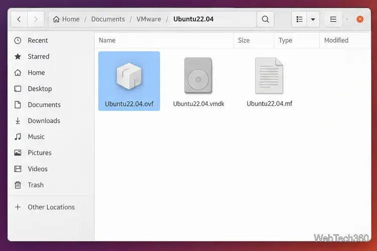Linux file manager showing an OVF descriptor, VMDK virtual disk, and MF manifest in the same folder