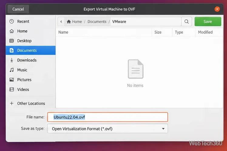 Linux file chooser for VMware Workstation Pro showing an OVF filename and export destination