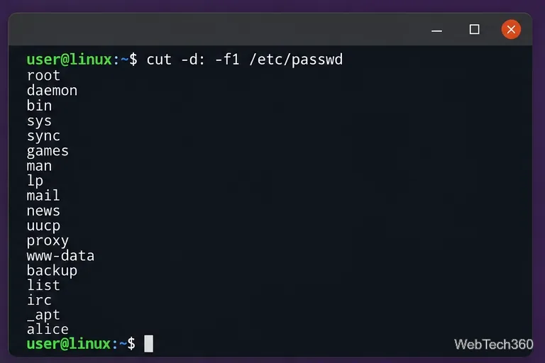 Terminale Linux che mostra l'estrazione dei nomi utente dal file locale /etc/passwd