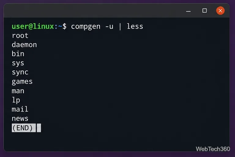 Terminale Linux che mostra il comando compgen -u reindirizzato a less con un elenco paginato di nomi utente.