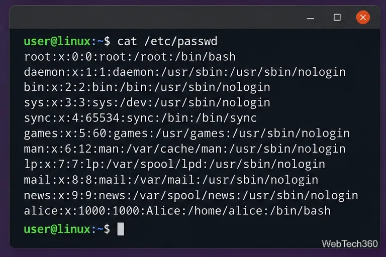 Terminale Linux che mostra i record completi, separati da due punti, del file /etc/passwd