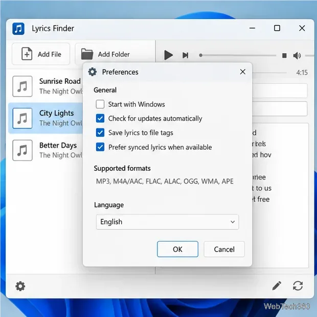 Exemple de boîte de dialogue des préférences de Lyrics Finder sur une liste de musique déjà remplie
